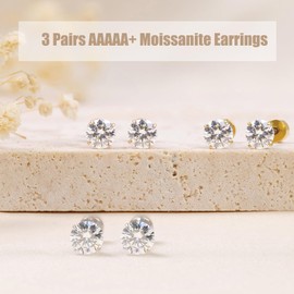 Limerencia Moissanite Stud Earrings, 3 Pairs Titanium Screw Back Earring, D Color VVS1 Clarity Lab-created Moissanite Earrings, Hypoallergenic G23 Pure Titanium for Women Men Sensitive Ears