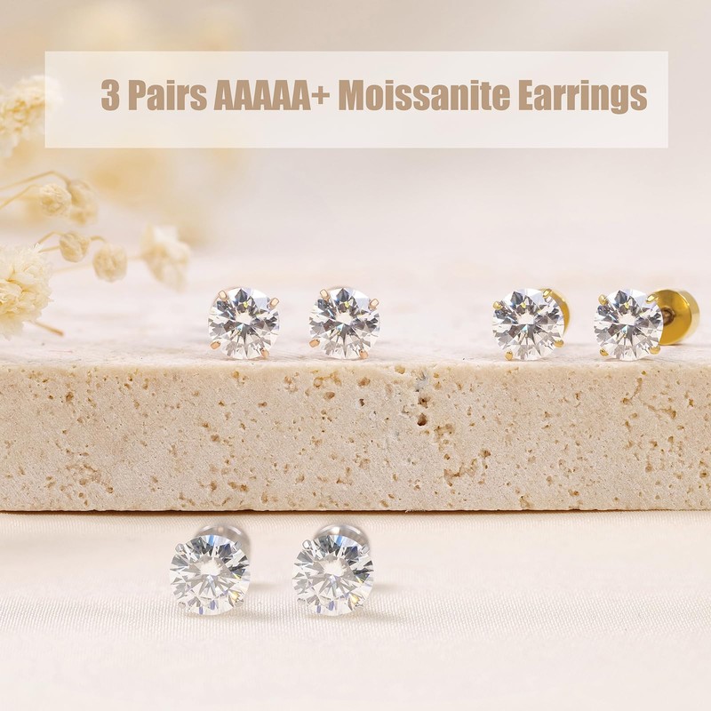 Limerencia Moissanite Stud Earrings, 3 Pairs Titanium Screw Back Earring,