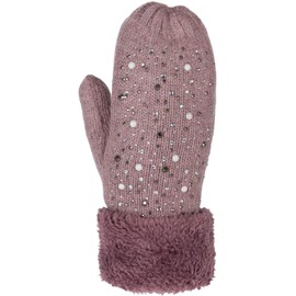 styleBREAKER 09010039 Women's Warm Winter Knitted Mittens with Rhinestones and Pearls Thermal Fleece Knitted Gloves, mauve