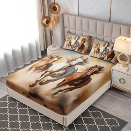 UEVBF Horse Bedding Western Fitted Sheets for Teens,Farm Animal Bedding Set for Kids Boys Girls Room Horse Decor,Desert Theme Bedding Sheets Queen Size Bed Set,1 Fitted Sheet+2 Pillowcases.