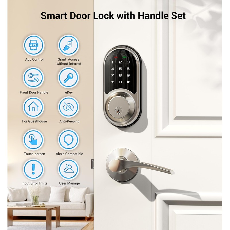 Veise RZ06B Smart Lock for Front Door, 2 Lever Handle