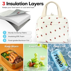 Beautyshow Insulated Lunch Bag for Kids Girls Women Ladies, Cute Corduroy Lunch Box wiht Place Mat, Reusable Large Capacity Cool Tote Bags for School Work Picnic Travel (Corduroy Strawberry Beige)