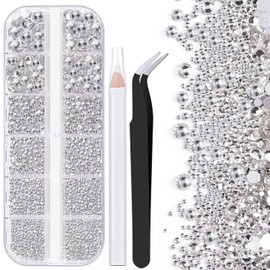 One Pack 2000 Pcs of Flatback Transparent White Clear Round Crystal Rhinestones 6 Sizes (1.5-6 mm) with Nail Art Rhinestone Picker Pencil And Tweezer For DIY And Salon Use