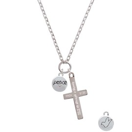 Delight Jewelry Silvertone Peace with AB Crystal and Dove - Strength and Dignity Engraved Cross Zoey Necklace, 28"