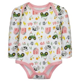 John Deere White Pink Trim Barn, Tractor, Animals Long Sleeve Bodysuit Sizes 3/6, 6/9, 9/12 Months (White, 3/6 Months)