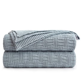 Longhui bedding Large Grey Blue Cotton Knit Throw Blanket for Couch Sofa Bed - Home Decorative Soft Cozy Sweater Woven Fall Cable Knitted Blankets - Blue Gray 3.4 pounds 60 x 80 Inch