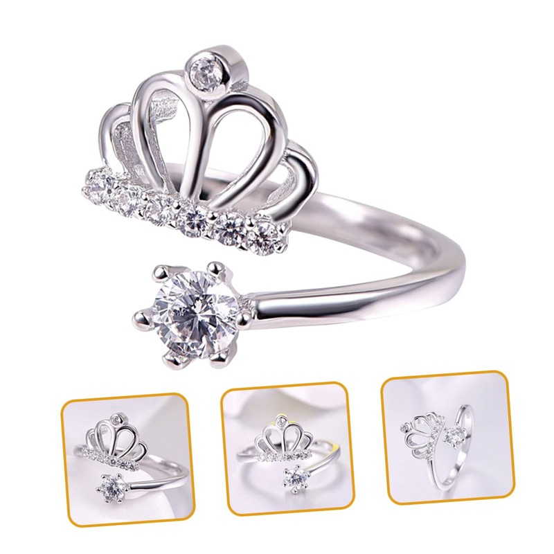 BESPORTBLE Adjustable Copper Crown Ring with Rhinestones Elegant Open Ring