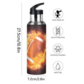Burning Football Water Bottle Kids Thermos Bottle with Straw Lid Kids Insulated Stainless Steel Water Flask Leakproof Thermos Bottle for Gym Outdoor 20 oz
