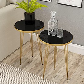 Set of 2 END Table - PAK Home Round Wood Sofa Side Tables for Small Spaces, Nightstand Bedside Table with Metal Legs for Bedroom, Living Room, Office, Balcony (Black HIGH Gloss)