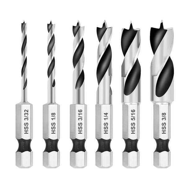 COMOWARE Brad Point Stubby Drill Bit Set for Wood, 6pcs