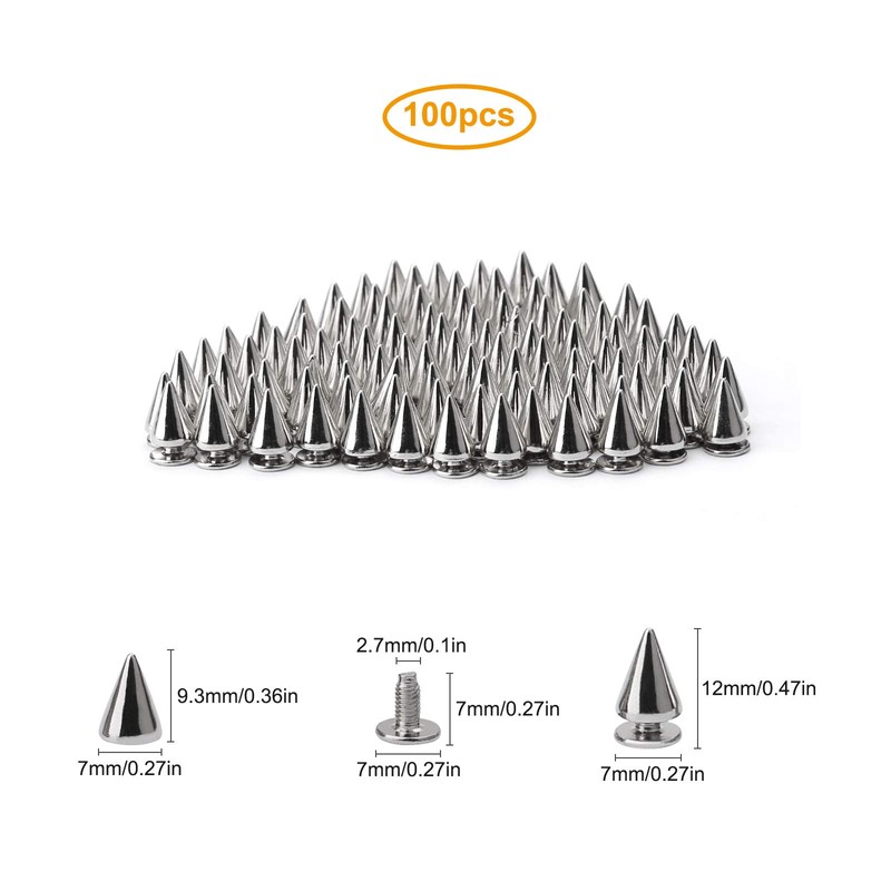 Juibao 100x Cone Spikes Studs with Screwbacks Punk Rivets, Double