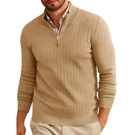 Runcati Mens Quarter Zip Sweater Mock Neck Casual Ribbed Knit Pullover Fall Lightweight Polo Sweaters Khaki