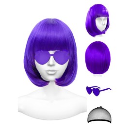 Pink Bob Wig with Bangs and Party Sunglasses, Cosplay Party Costume Accessories (Purple)