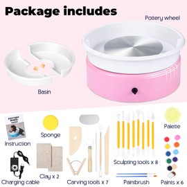 Goody King Mini Pottery Wheel-9.4”Pottery Wheel for Adults Beginners Kids, Upgraded Movable Turntable with Adjustable Speed with 16 Pottery Shaping Tools, Supports Forward and Reverse Rotation-Pink
