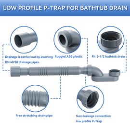 Flexible Freestanding Tub Drain Kit, Low Profile Flat P Trap for 1 1/2" Bathtub & Shower Drain Pipe, Easy Install, Fits Freestanding Bath Tubs, PVC Drain Hose Included