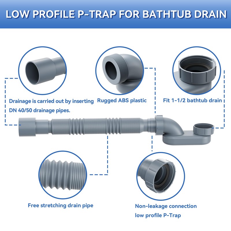 Flexible Freestanding Tub Drain Kit, Low Profile Flat P Trap