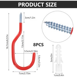8 Pcs Bike Hooks for Wall Hooks, Garage Hooks Heavy Duty Hooks, Bike Storage Hooks, Large Screw-in Hooks, Shed Hooks Utility Hooks with Coated Ladder Hooks for Garage Ceiling Tool Hanger(Red)
