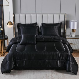 Black Silky Comforter Set Satin Twin Bed in a Bag 6 Pieces Luxury Hotel Silky Bedding with 1 Comforter, 1 Flat Sheet, 1 Fitted Sheet, 2 Pillowcases, 1 Cushion Cover (Twin, Black)