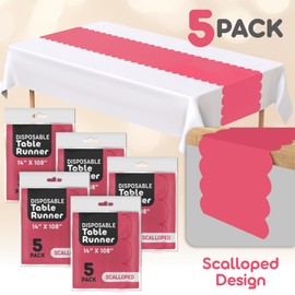 Hot Pink Plastic Disposable Table Runner. 5 Pack 14 x 108 inch. Scallop Table Runner Adds A Pop of Color to Your Party Table, by Swanoo