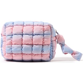 Yarnic Quilted Makeup Bag Cosmetic Bag, Travel Toiletry Bag for Women, Cute Makeup Bag Organizer Puffer Makeup Pouch (Blue Pink, S)