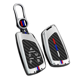 SANRILY Carbon Fiber Pattern 5 Button Key Fob Cover Fit for Buick Envision 2024 2025 for GMC Yukon Denali Sierra for Chevy Silverado Suburban Keyless Luminous Key Case with Keychain Silver