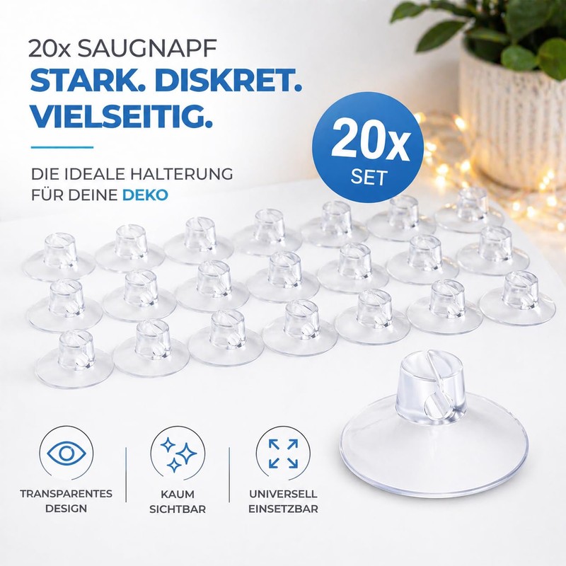 MERRYXMAS 20 x suction cups for fairy lights, suction hooks,