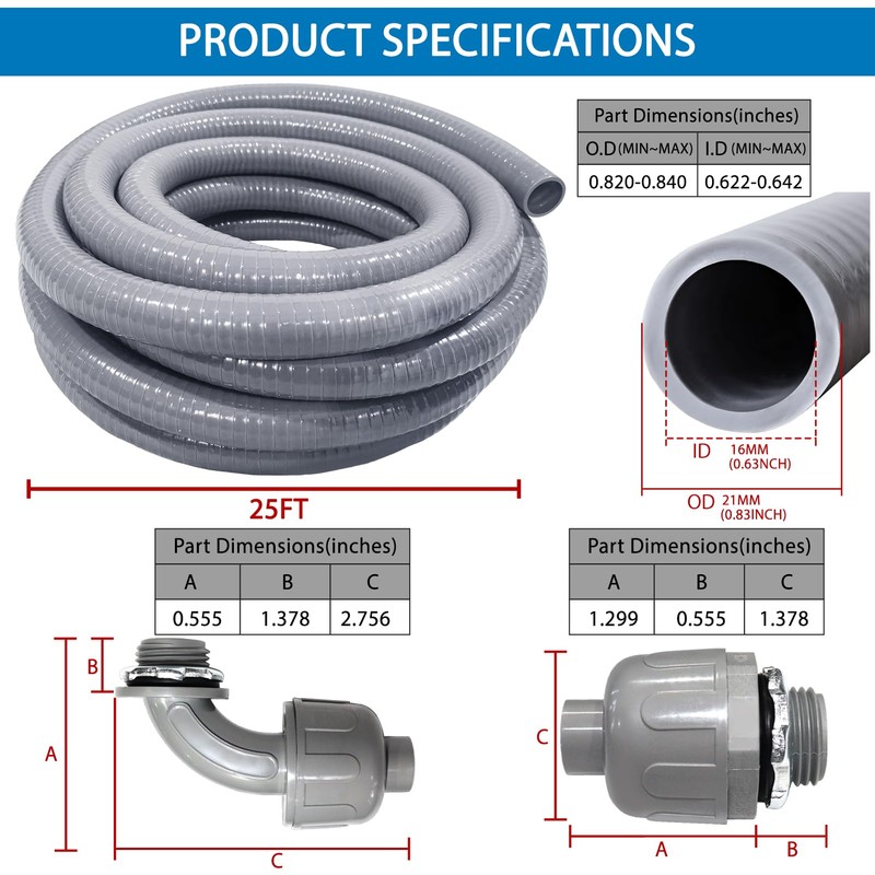 Liquid-Tight Conduit and Connector Kit 1/2 Inch 25 Ft,Flexible Non