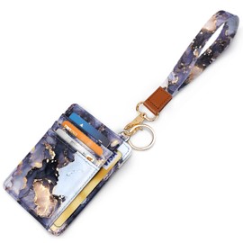 Slim Front Pocket Wallet RFID ID Card Holder Cute Small Wallet with Keychian for Women, Z Grey Marble+lanyard, Card Holder+Lanyard