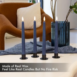 Fanna 9.6" Flameless LED Taper Candles with Timer in Real Wax, Battery Operated Rustic Wax Dinner Candlesticks with Remote, 8 Batteries Included - Set of 4 - Dark Blue