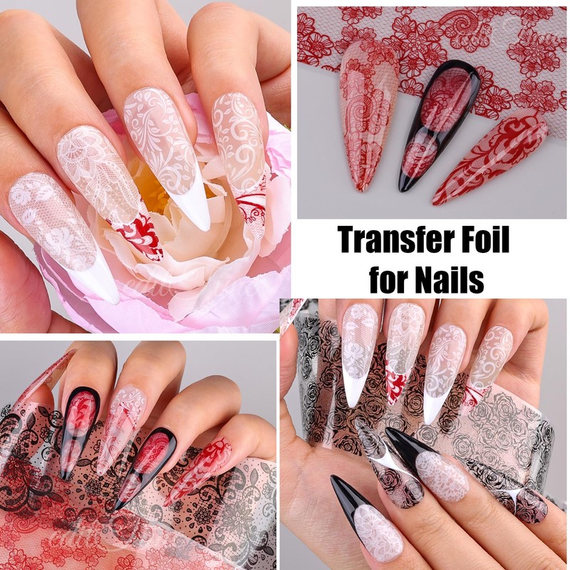 Lace Nail Foil Transfer Sheets, 10 Rolls Black White Red