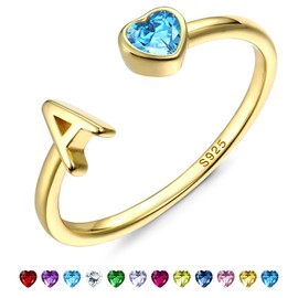 FIBO STEEL Initial Birthstone Rings for Women - 14K Gold Plated Sterling Silver Rings - Adjustable Stackable Dainty Gold Heart Cubic Zirconia Letter Ring Birthday Bridesmaid Gifts Jewelry A March