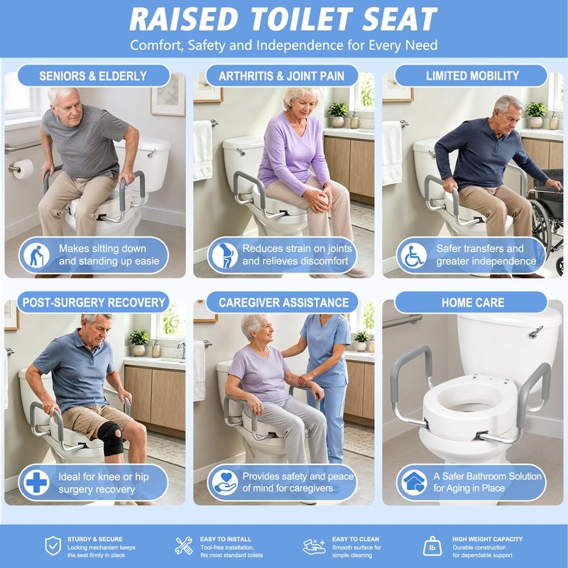 Raised Toilet Seat with Handles for Seniors, Fits Round Toilet