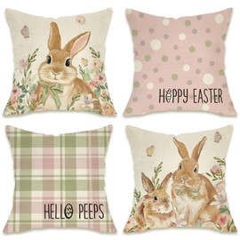 Fahrendom Happy Easter Bunny Decorative Throw Pillow Covers 18 x 18 Set of 4, Hello Peeps Rabbit Lily Flowers Porch Patio Outdoor Pillowcase, Plaid Check Polka Dot Farmhouse Cushion Case Home Decor