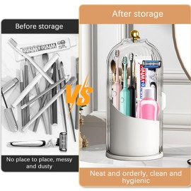 Toothbrush Holder with Sliding Lid, 360° Rotating Makeup Brush Storage Rack - Waterproof and Dustproof, Toothbrush Toothpaste Holder Beauty Brush Bathroom Counter Holder Sink Organizer (Grey)
