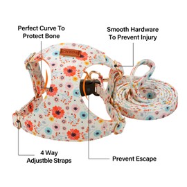 CHEDE No Pull Floral Pattern Dog Harness- Lightweight and Soft Dog Harness, Adjustable Small Dog Harness and Leash Set, with Dog Leash, Suitable for Puppy Small and Medium-Sized Dog