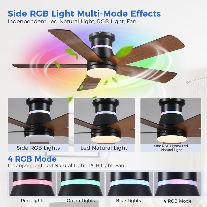 Ceiling Fans with RGB Lights -48” Brown Flush Mount Ceiling