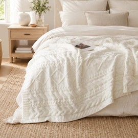 Plush Cable Knit Throw Blanket 50x60, White, Cozy Home Accent