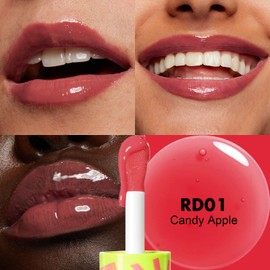 FOCALLURE Lip Oil,Moisturizing,Hydrating Lip Gloss,Transparent Toot Lip Glow Oil,Shiny Glossy Finish,Non-Sticky,Long Lasting,Tinted Lip Balm for Dry Lips and Lip Care,Candy Apple