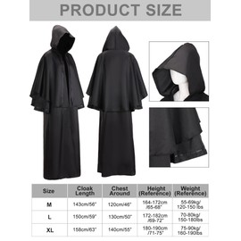 Ramede Disfraz de Mago de Halloween con Capas Negras Calva Redecilla y Uñas Postizas para Cosplay Navideño Masculino(L)