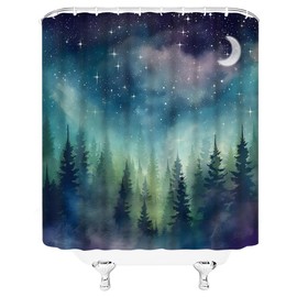 ZWSMZW Forest Moon Shower Curtain Watercolor Misty Forest Fantasy Starry Sky Galaxy Nature Gothic Scenery Abstract Outdoor Bathroom Decor Curtains with Hooks, Purple