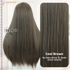 PHOCAS 20" Long Straight Brown Wig with Bangs Middle Part Layered Cool Light Brown Wig Wear and Go Heat-Resistant Natural Synthetic Wigs for Women Daily Party Use