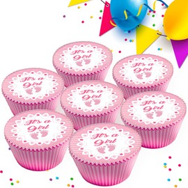 ITS A GIRL BABY SHOWER NEW BABY PINK EDIBLE ICING CUPCAKE TOPPERS DECORATIONS x 24