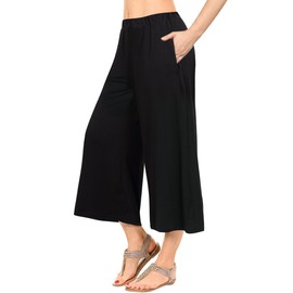 GlorySunshine Women's Elastic Waist Solid Palazzo Casual Wide Leg Pants with Pockets A-Black M