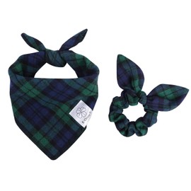 E-Clover Dog Bandanas & Matching Scrunchie Set Plaid Dog Scarf Kerchief for Small Dog Boy Puppy Bandana Pet Owner Blue Green