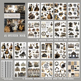 Dwpetzo Pe-Cut Vintage Journaling Sticker Book for Junk Journaling Supplies, PET, Washi, and Craft Paper Stickers for Scrapbooking, Planner, Bujo, Collage, 20 Sheets, A5 Size