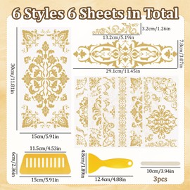 WANDIC 6 Sheets Rub on Transfer Stickers, Gold Line Floral Border Pattern Decorative Furniture DIY Stickers Decals for Scrapbook Present Boxes,15 * 30cm