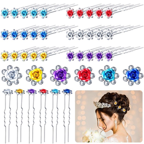 30 Piece Rhinestone Wedding Hair Pins Rose Flower Crystal U Shaped Hair Clips Bobby Pins Hairpins for Birthdays Homecoming Dance Party Women Hair Jewelry Accessories
