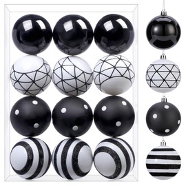 SHareconn 12ct 3.15 Inch Christmas Tree Balls Ornaments, Colored Shatterproof Plastic Decorative Baubles for Xmas Tree Decor Holiday Party Wedding Decoration (Black & White, 80mm)