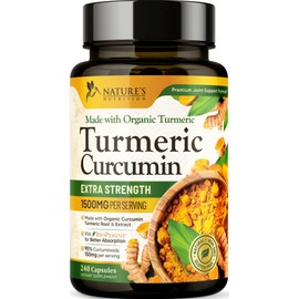 Turmeric Curcumin Supplement 1500mg - Organic Tumeric & BioPerine Black Pepper for Best Absorption with 95% Curcuminoids, Nature's Joint & Immune Support, Non-GMO, Bottled in USA - 240 Capsules