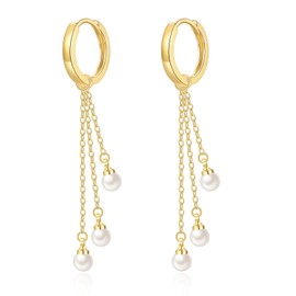 Sterling Silver Pearl Dangle Hoop Earrings for Women, Gold Hoop Earrings with Pearl Tassels - Hypoallergenic, Small Size - Perfect Jewellery Gifts for Ladies & Girls